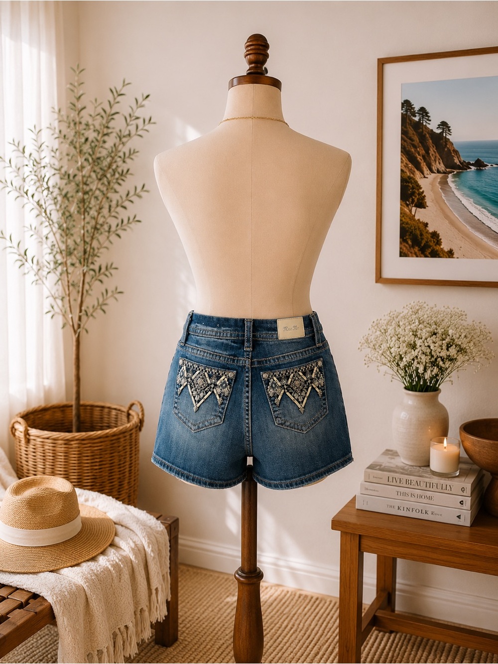 Miss Me Embellished Denim Jean Shorts Size 29 Mid Rise Curvy Crystal Pocket EUC